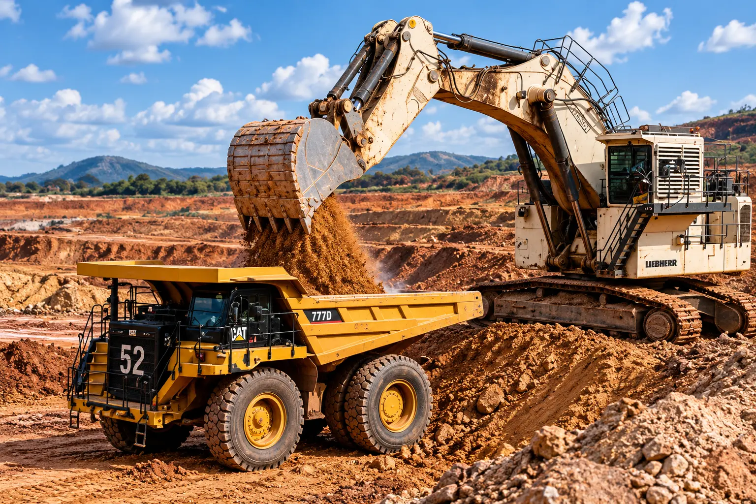 Excavator loading a haul truck at an open-pit mining site