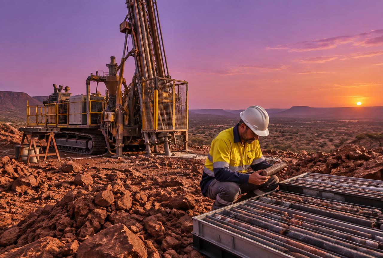 Rotary drilling rig on a rocky exploration site with a geologist reviewing core trays