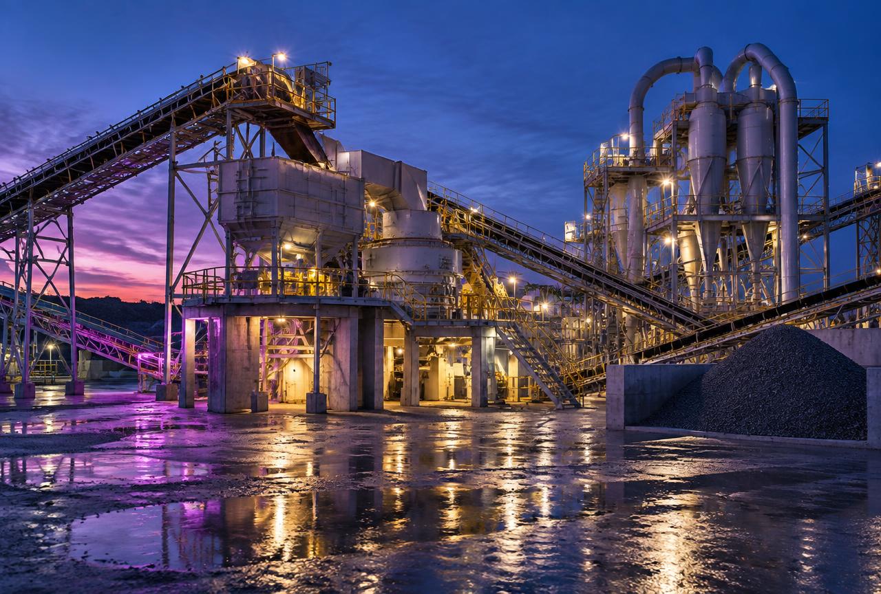 Mineral processing plant at blue hour with cyclones, conveyors and lit walkways