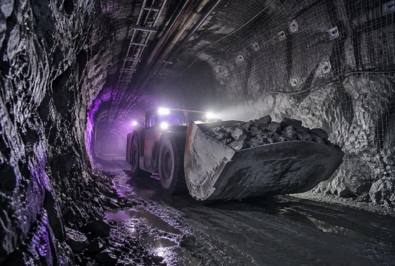 Low-load-haul dump truck with headlights on inside an underground mine tunnel